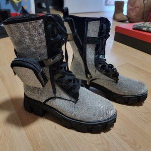 Rhinestone sparkly combat boots with pockets